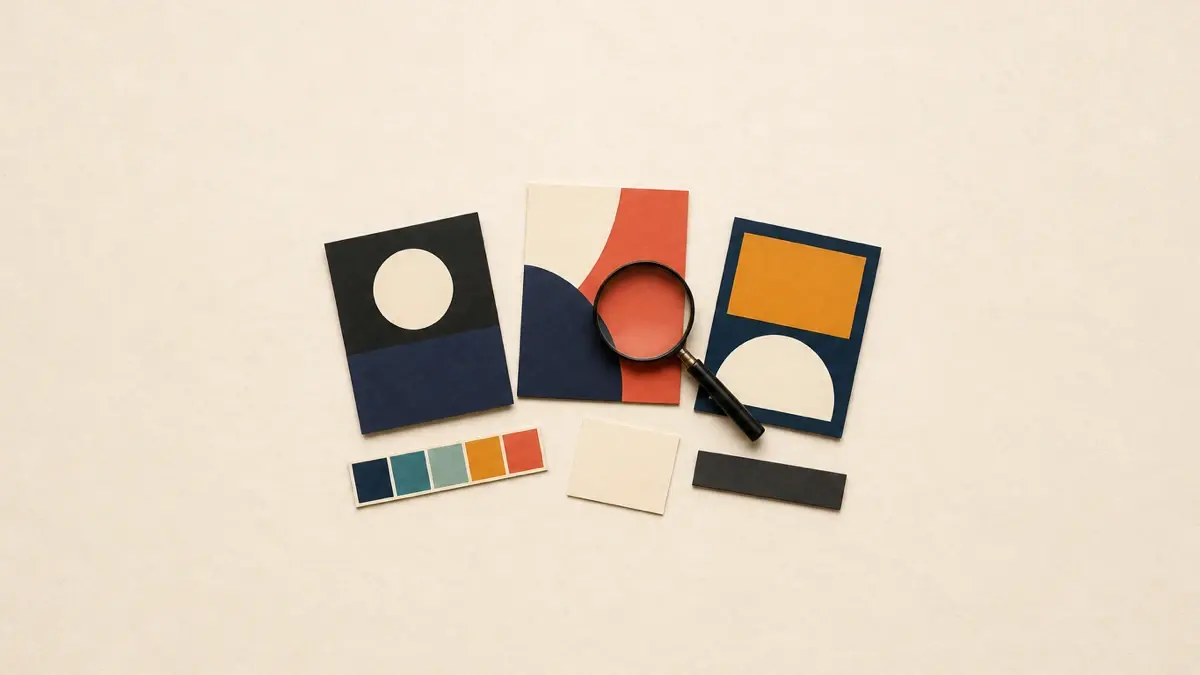 Overhead illustration of three abstract design cards, a magnifying glass, a five-color swatch strip, a blank note, and a dark rectangular strip