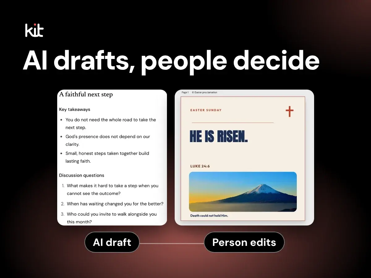 AI drafts, people decide: a generated small group guide marked AI draft beside an Easter design in the Studio editor marked Person edits