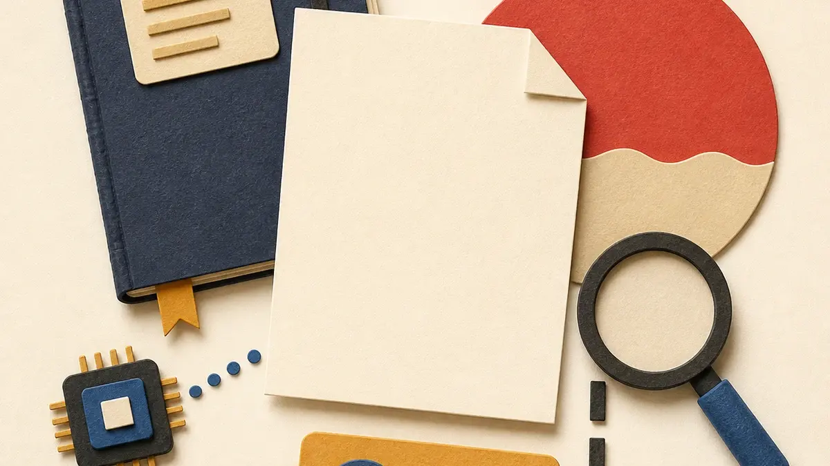 Paper-collage source notebook, blank draft page, computer chip, magnifying glass, and review card arranged around a clear boundary
