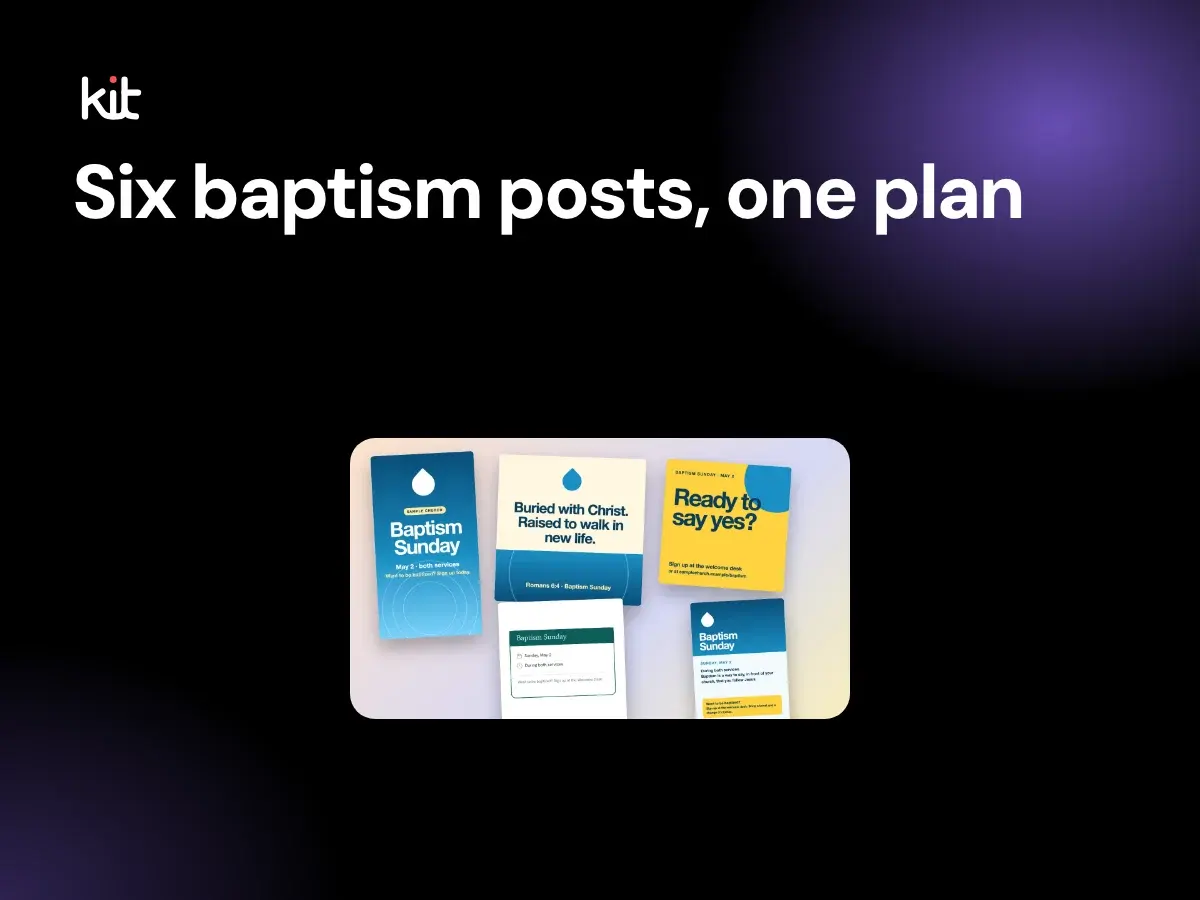 Baptism Sunday announcement ideas: a dark stage with the label Six baptism posts, one plan beside a blue water-drop Baptism Sunday Story, a cream Buried with Christ post, a yellow Ready to say yes post, a white event card with a green header and a blue bulletin insert
