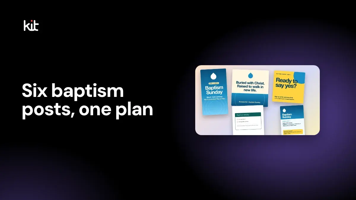 Baptism Sunday announcement ideas: a dark stage with the label Six baptism posts, one plan beside a blue water-drop Baptism Sunday Story, a cream Buried with Christ post, a yellow Ready to say yes post, a white event card with a green header and a blue bulletin insert