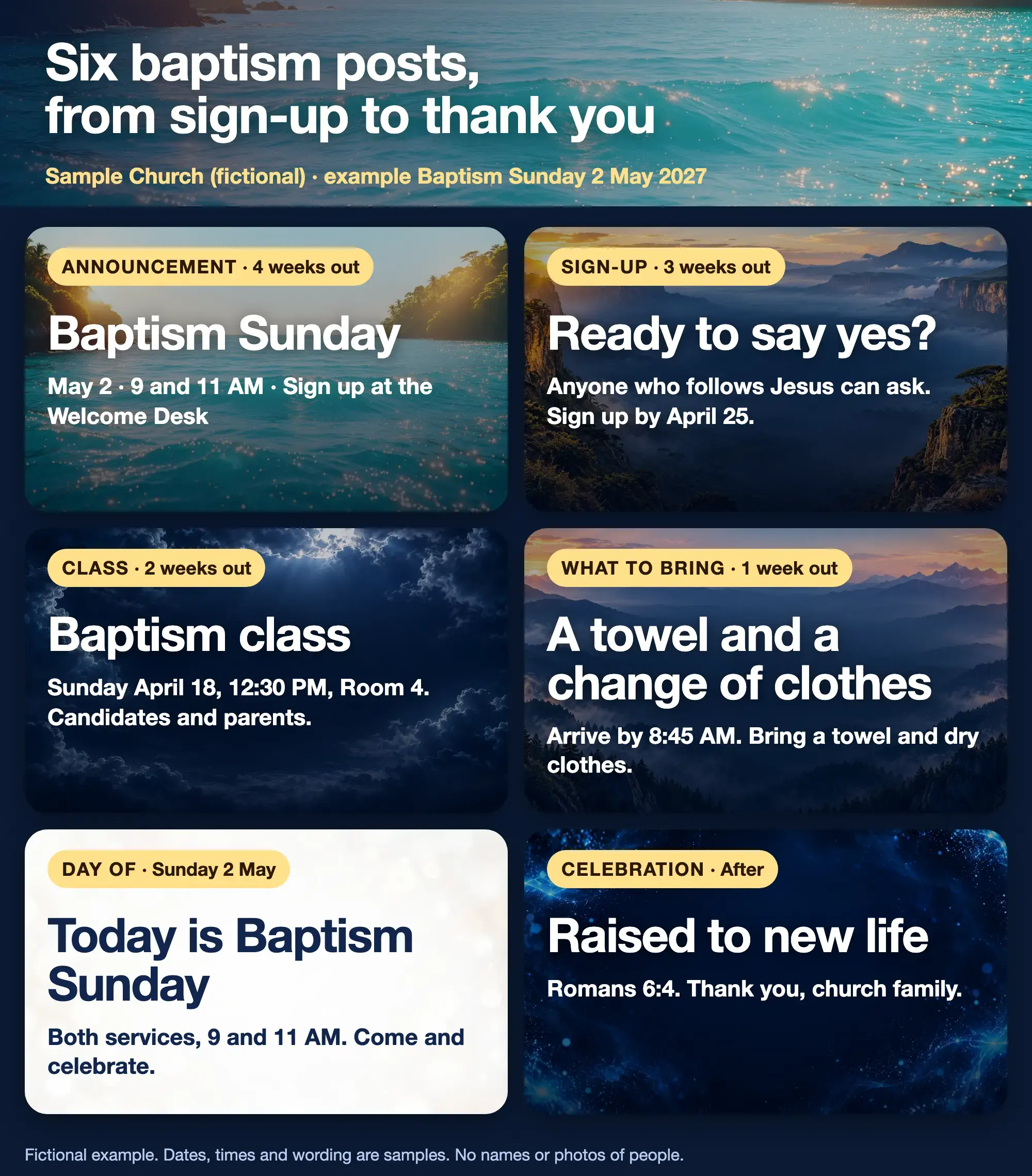 Six fictional baptism posts for a sample church, counted back from Baptism Sunday, 2 May 2027. Announcement, 4 weeks out: Baptism Sunday, May 2, 9 and 11 AM, sign up at the Welcome Desk. Sign-up, 3 weeks out: Ready to say yes? Anyone who follows Jesus can ask. Sign up by April 25. Class, 2 weeks out: Baptism class, Sunday April 18, 12:30 PM, Room 4, candidates and parents. What to bring, 1 week out: A towel and a change of clothes, arrive by 8:45 AM. Day of, Sunday 2 May: Today is Baptism Sunday, both services, 9 and 11 AM. Celebration, after: Raised to new life, Romans 6:4, thank you, church family. The wording is repeated below.