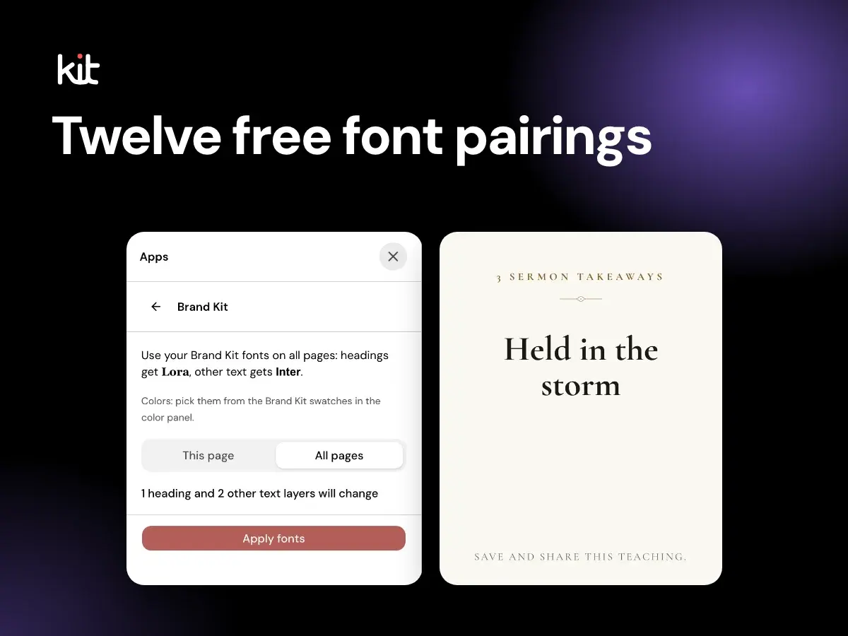 Twelve free font pairings: a Studio Brand Kit fonts panel beside a serif sermon takeaways design
