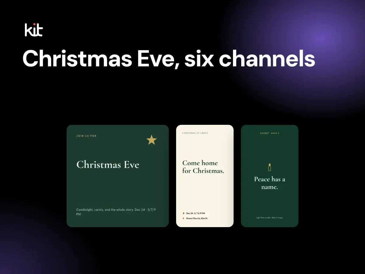Christmas Eve service invite ideas: a square evergreen Christmas Eve invitation with a gold star beside a cream Story reading Come home for Christmas and a green Advent candle Story