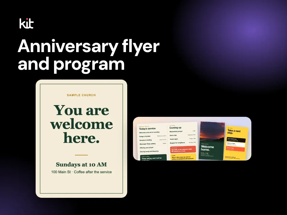 Church anniversary celebration ideas: a dark stage with the label Anniversary flyer and program beside a fictional sample flyer reading You are welcome here and a folded bulletin with an order of service and a Welcome home cover