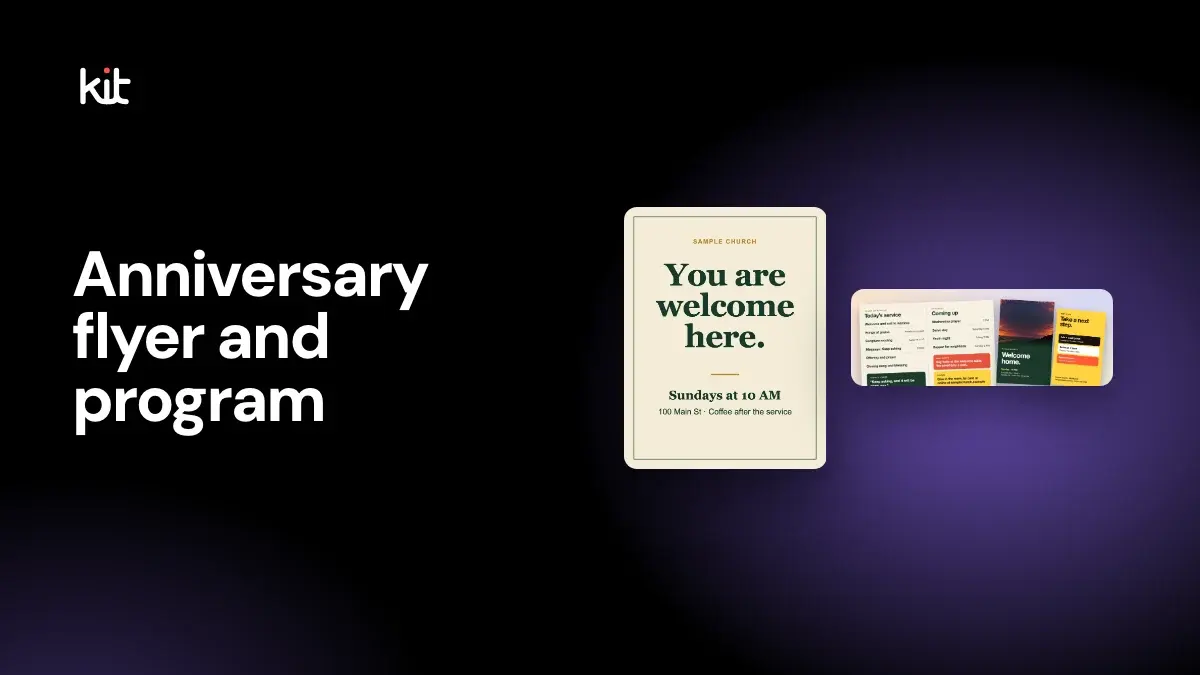 Church anniversary celebration ideas: a dark stage with the label Anniversary flyer and program beside a fictional sample flyer reading You are welcome here and a folded bulletin with an order of service and a Welcome home cover