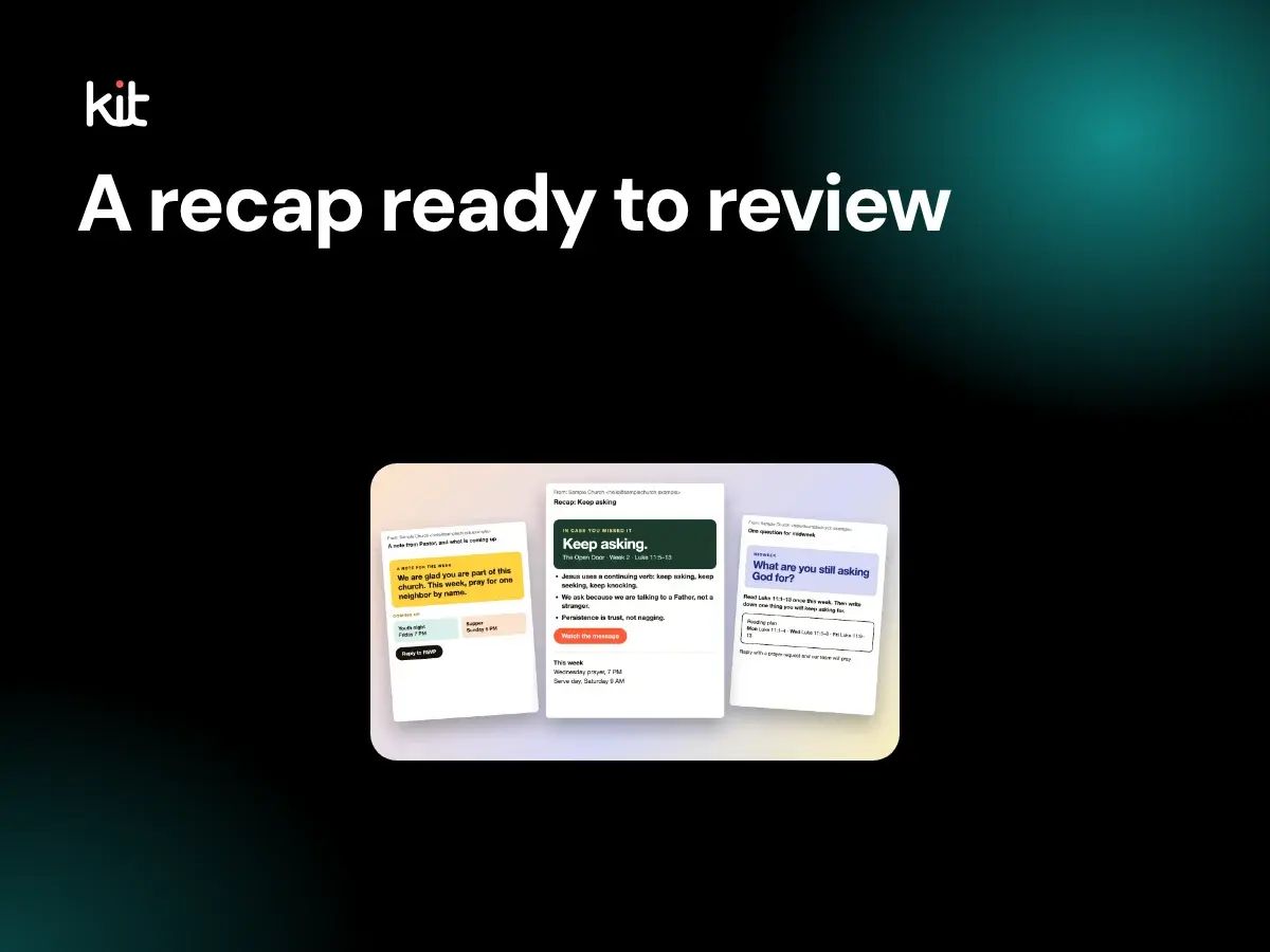 Church weekly email recap after Sunday: a sample dark green sermon recap email headed Keep asking beside a yellow pastor note and a lavender midweek question