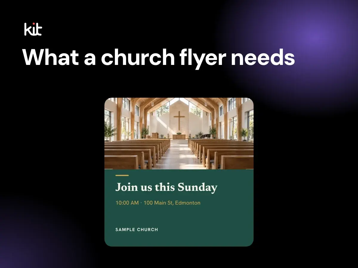 What a church flyer needs: a sample Join us this Sunday invite with a sanctuary photo, a start time and a street address