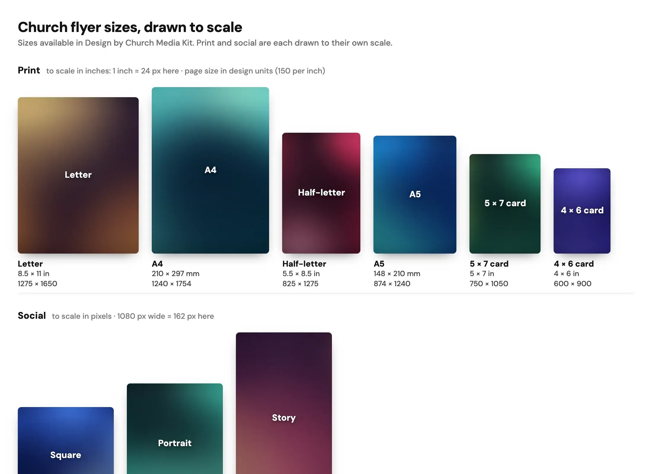 Nine sizes drawn to scale as coloured cards. Print, to scale in inches: Letter 8.5 by 11, A4 210 by 297 millimetres, Half-letter 5.5 by 8.5, A5 148 by 210 millimetres, 5 by 7 card and 4 by 6 card. Social, to scale in pixels: Square 1080 by 1080, Portrait 1080 by 1350 and Story 1080 by 1920. Page sizes are listed under each card and in the table below.