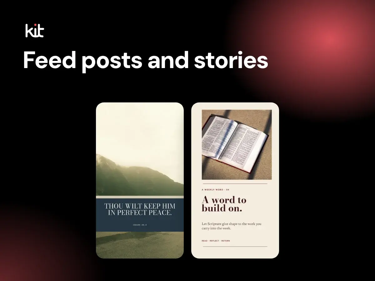 Feed posts and stories: two tall sample designs from fictional sermons, an Isaiah 26:3 Scripture card and a weekly word post