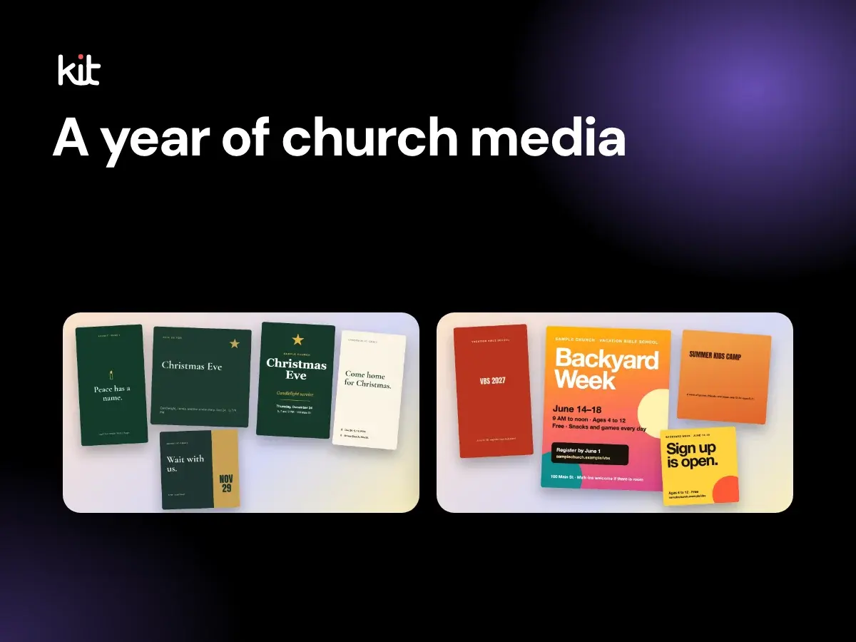A year of church media: a set of Christmas Eve and Advent designs beside a Vacation Bible School flyer and post set, two of the seasons in the 2027 plan