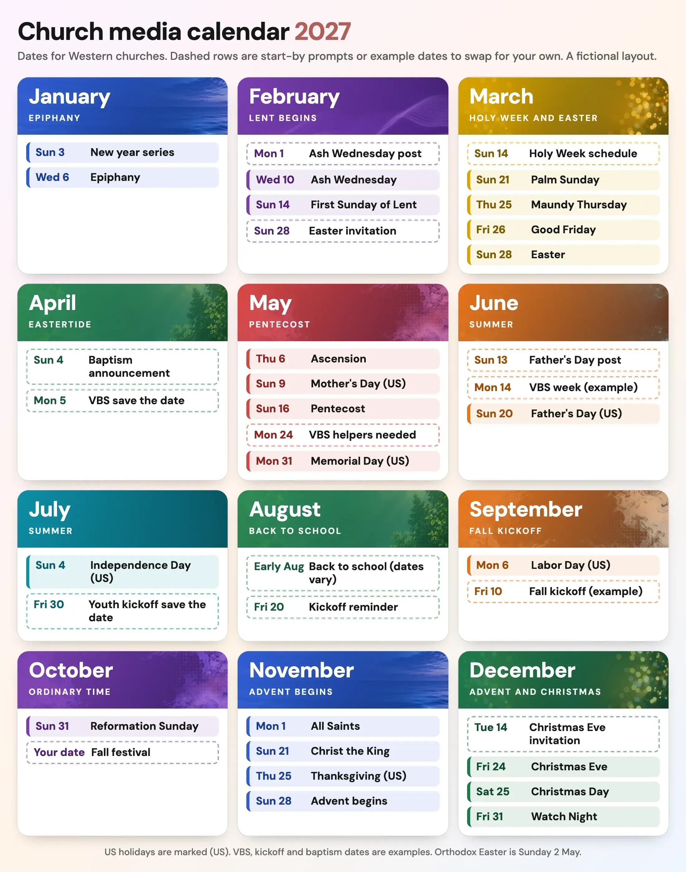 A 2027 year-at-a-glance calendar, a fictional layout. Twelve month cards from January to December, each over a worship background in a season colour, list the church dates and start-by prompts from Epiphany on Wednesday 6 January to Watch Night on Friday 31 December. All dates are listed in the tables below.