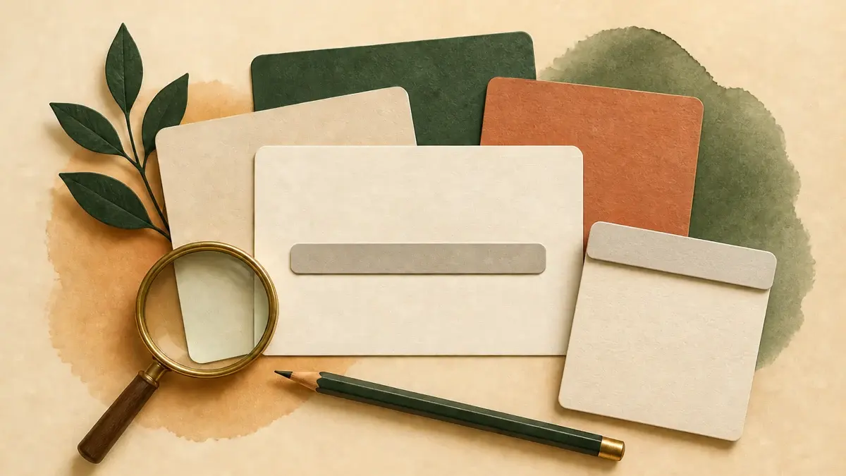 Blank paper cards with a neutral meter, a folded paper card, a magnifying glass, and a pencil