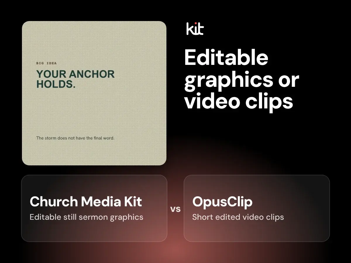 Church Media Kit and OpusClip named side by side, with a sample still sermon graphic on the Church Media Kit side