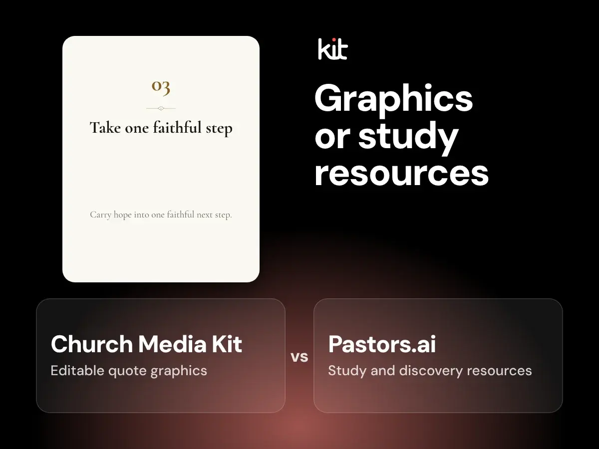 Church Media Kit and Pastors.ai named side by side, with a sample sermon takeaway graphic on the Church Media Kit side