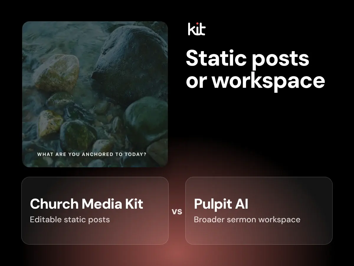 Church Media Kit and Pulpit AI named side by side, with a sample static sermon post on the Church Media Kit side