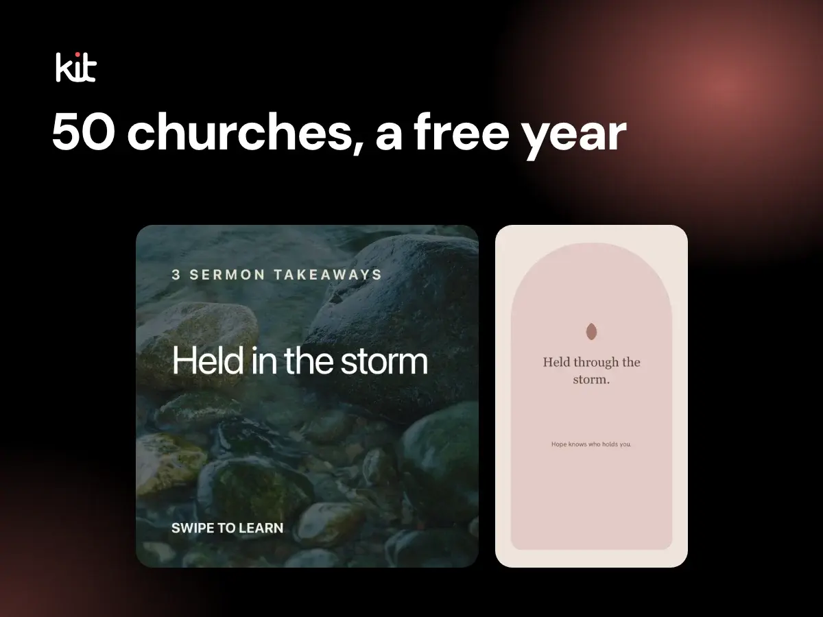 50 churches, a free year: two Church Media Kit sample sermon posts, a "Held in the storm" takeaways cover and an arched quote design