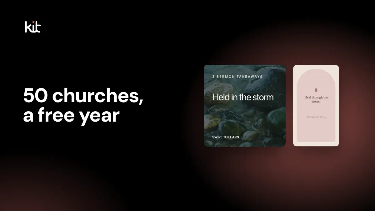 50 churches, a free year: two Church Media Kit sample sermon posts, a "Held in the storm" takeaways cover and an arched quote design