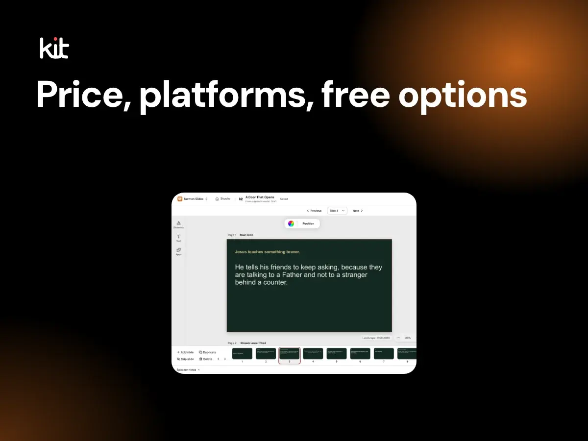 Price, platforms, free options: the Sermon Slides editor in Studio with a slide strip, from a fictional sermon