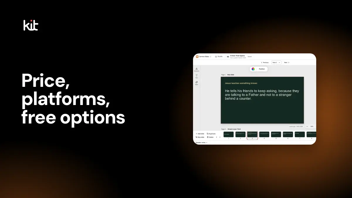 Price, platforms, free options: the Sermon Slides editor in Studio with a slide strip, from a fictional sermon