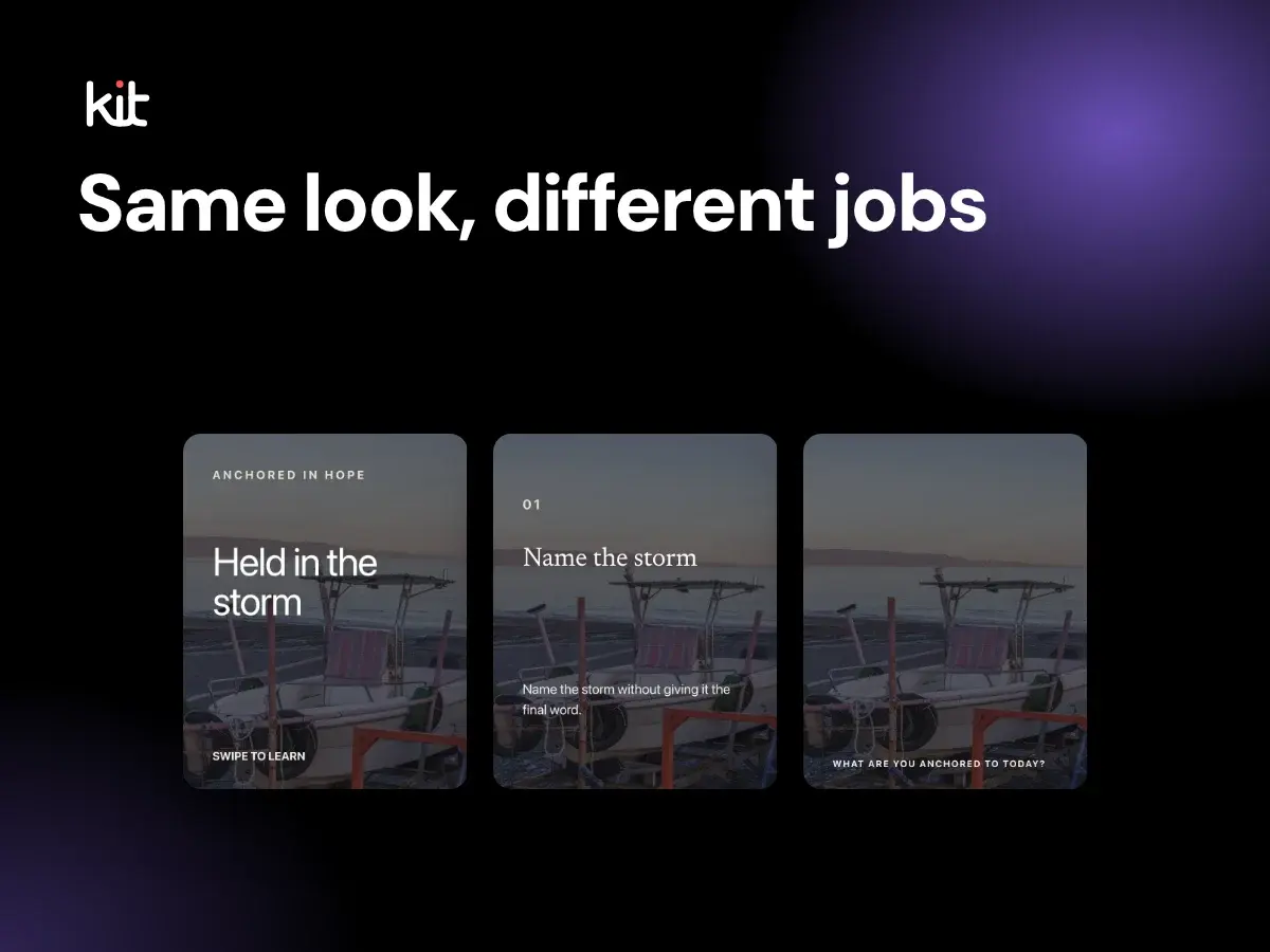 Same look, different jobs: three sample carousel slides that share one photo and type style