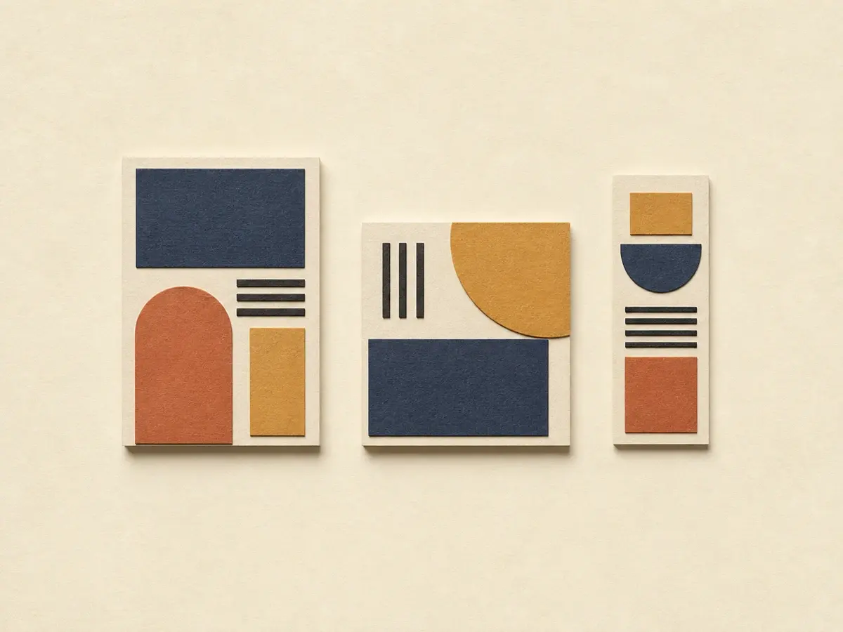 Three blank cream paper graphics use the same indigo, ochre, clay, and charcoal shapes in different arrangements