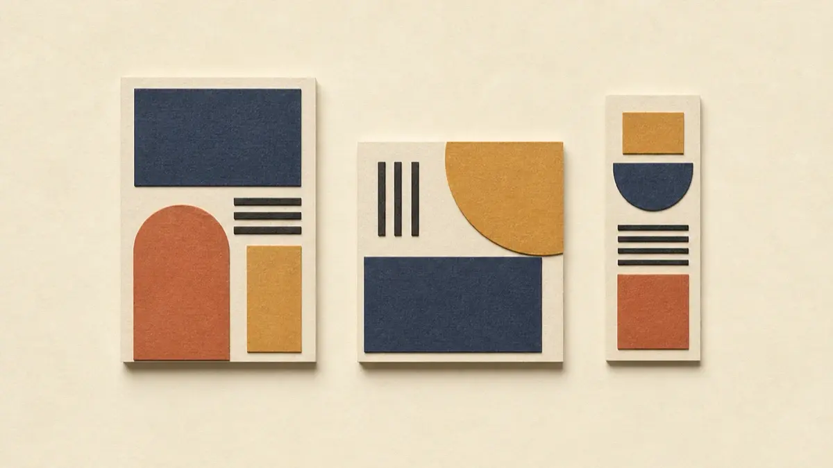 Three blank cream paper graphics use the same indigo, ochre, clay, and charcoal shapes in different arrangements