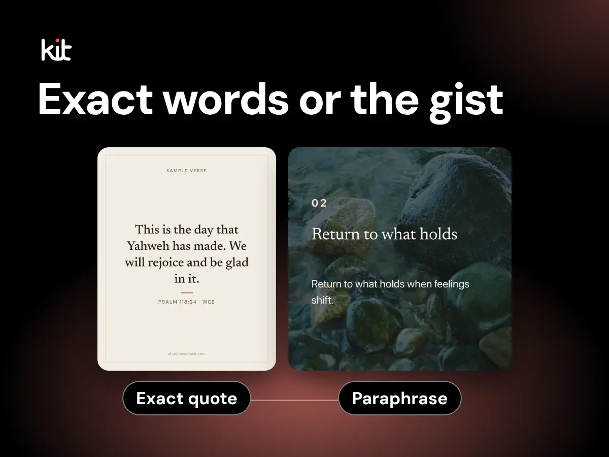Exact words or the gist: a Psalm 118:24 design marked Exact quote and a sermon point design marked Paraphrase