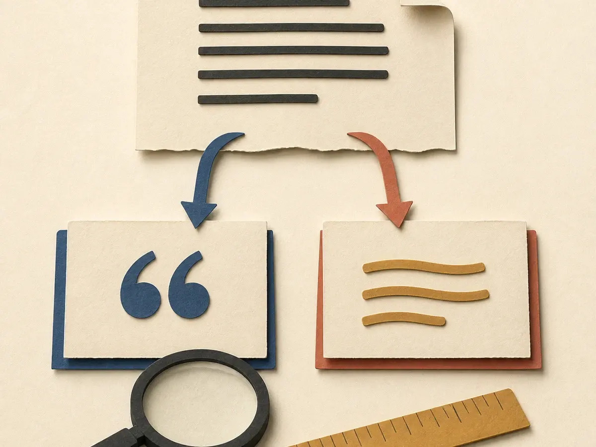 Paper-collage source sheet branching to a quotation card and a paraphrase card beside a magnifying glass and ruler