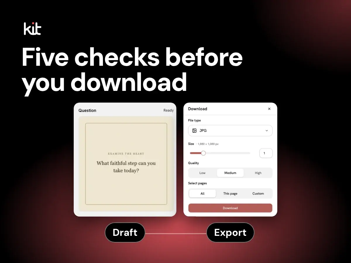 Five checks before you download: a sample question draft beside the Studio download dialog