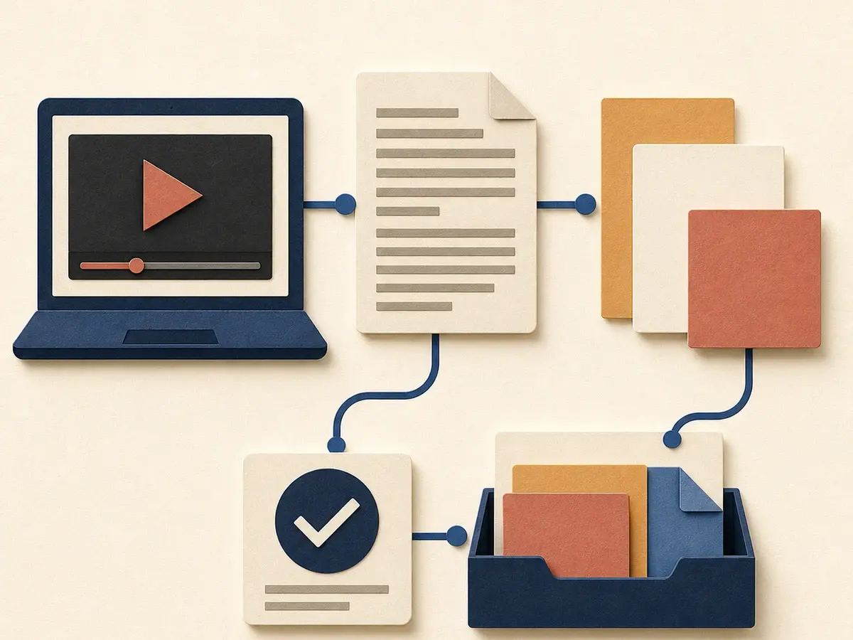 Paper-collage video frame connected to a transcript, design cards, review checkpoint, and export tray