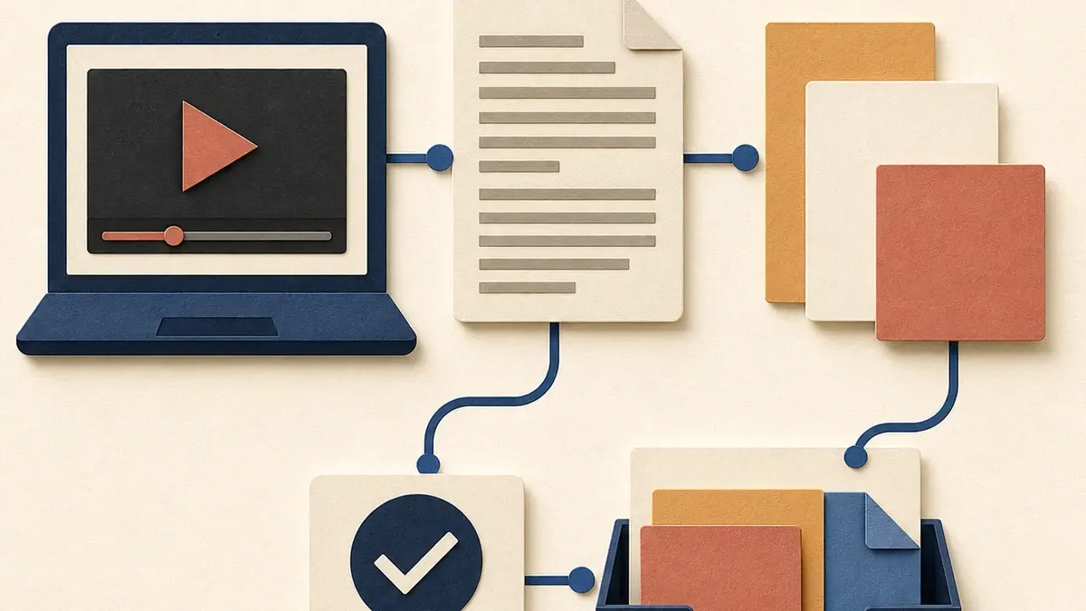 Paper-collage video frame connected to a transcript, design cards, review checkpoint, and export tray