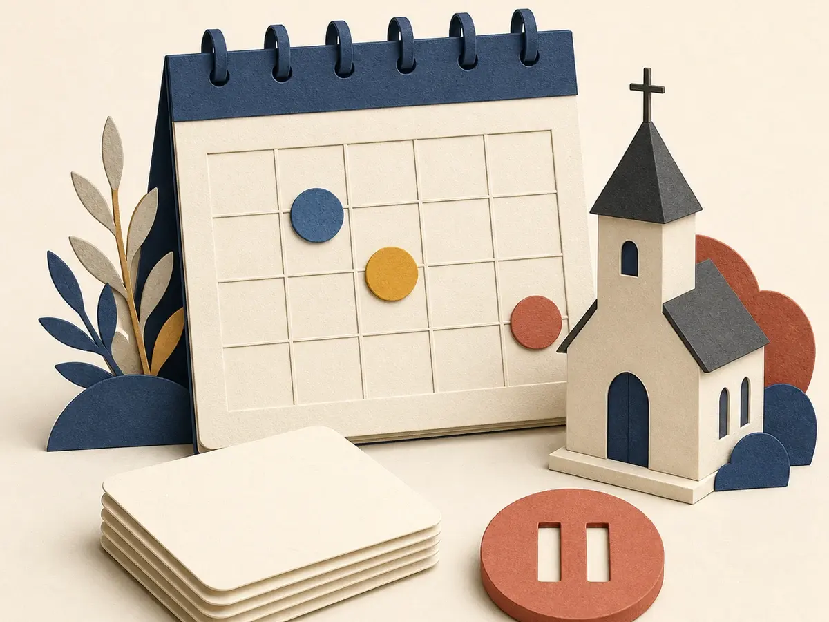 Paper-collage weekly calendar with three posting markers beside a church model, blank content cards, and a pause token
