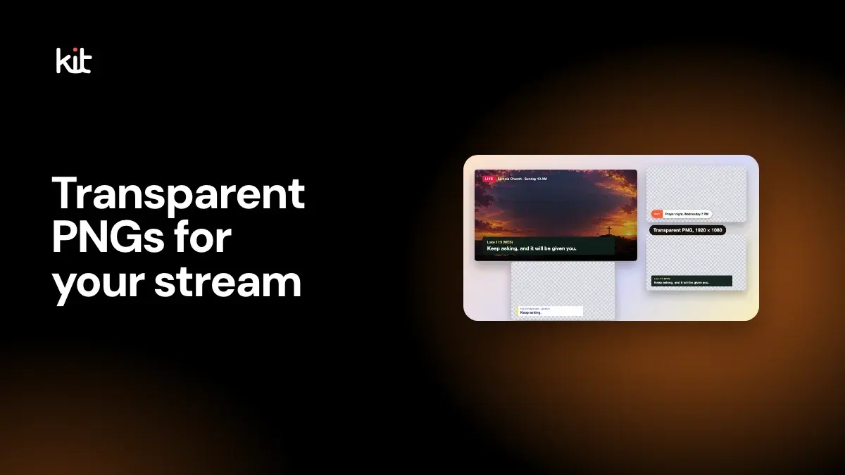 Church lower thirds in OBS and vMix: a livestream frame over a dusk sky with a dark lower third reading Luke 11:9, beside transparent lower-third strips on checkerboard backgrounds