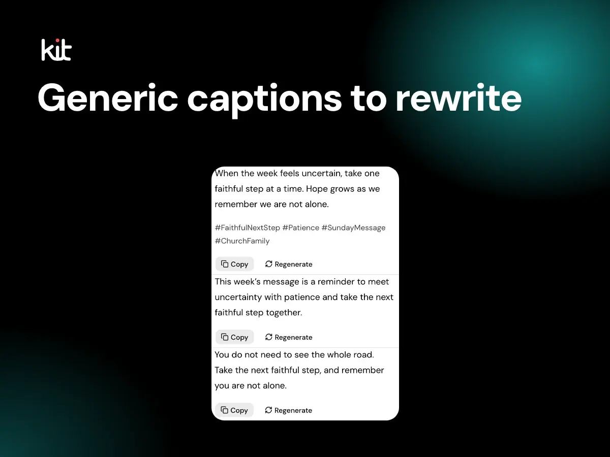 Generic captions to rewrite: three sample sermon captions from a fictional sermon, the first with hashtags