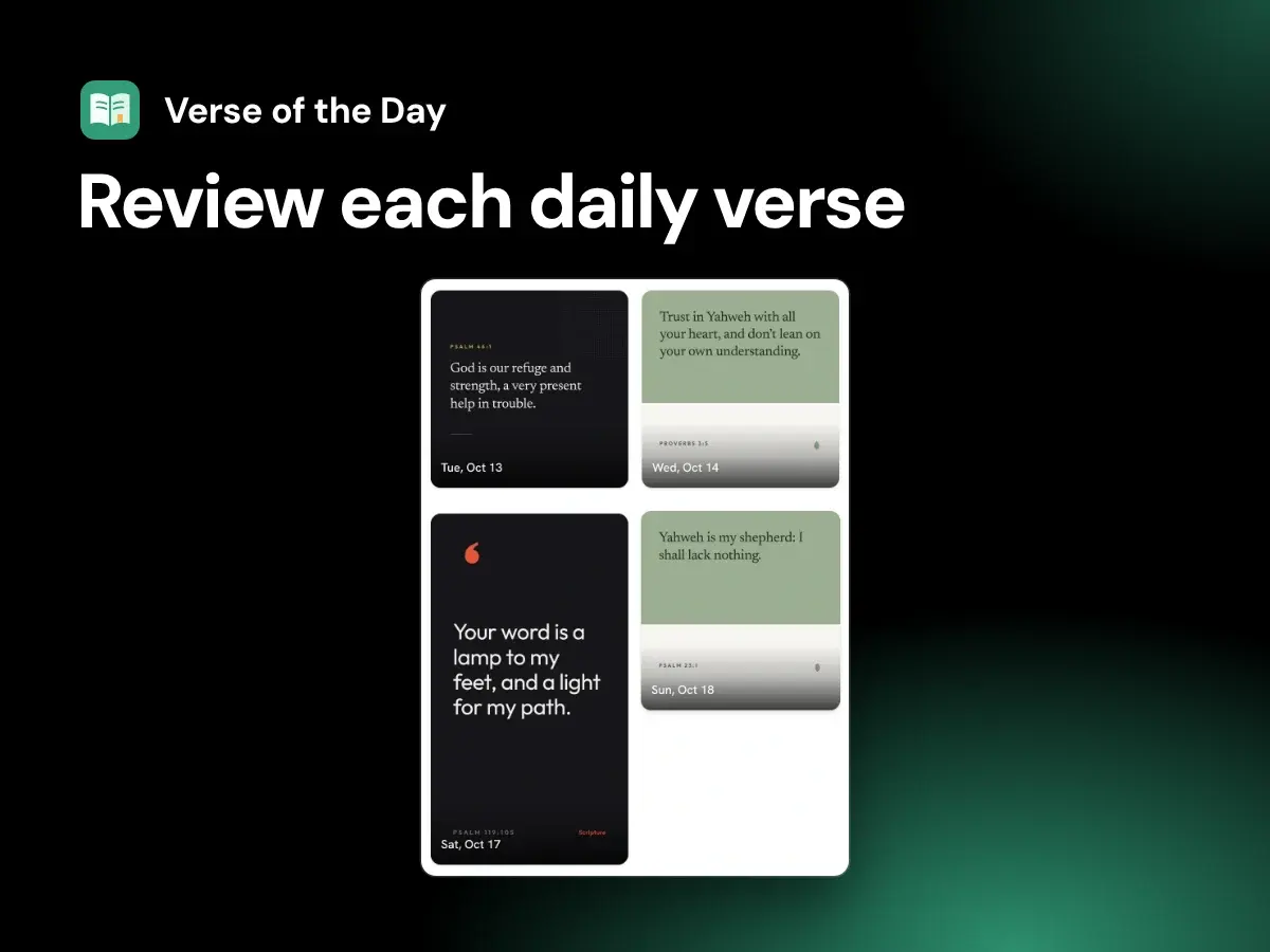 Verse of the Day screenshot in Church Media Kit Studio showing dated Scripture designs, labeled Review each daily verse