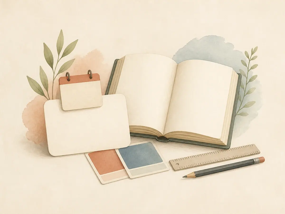 Illustration of a blank calendar card, an open blank book, two color swatches, a ruler, and a pencil