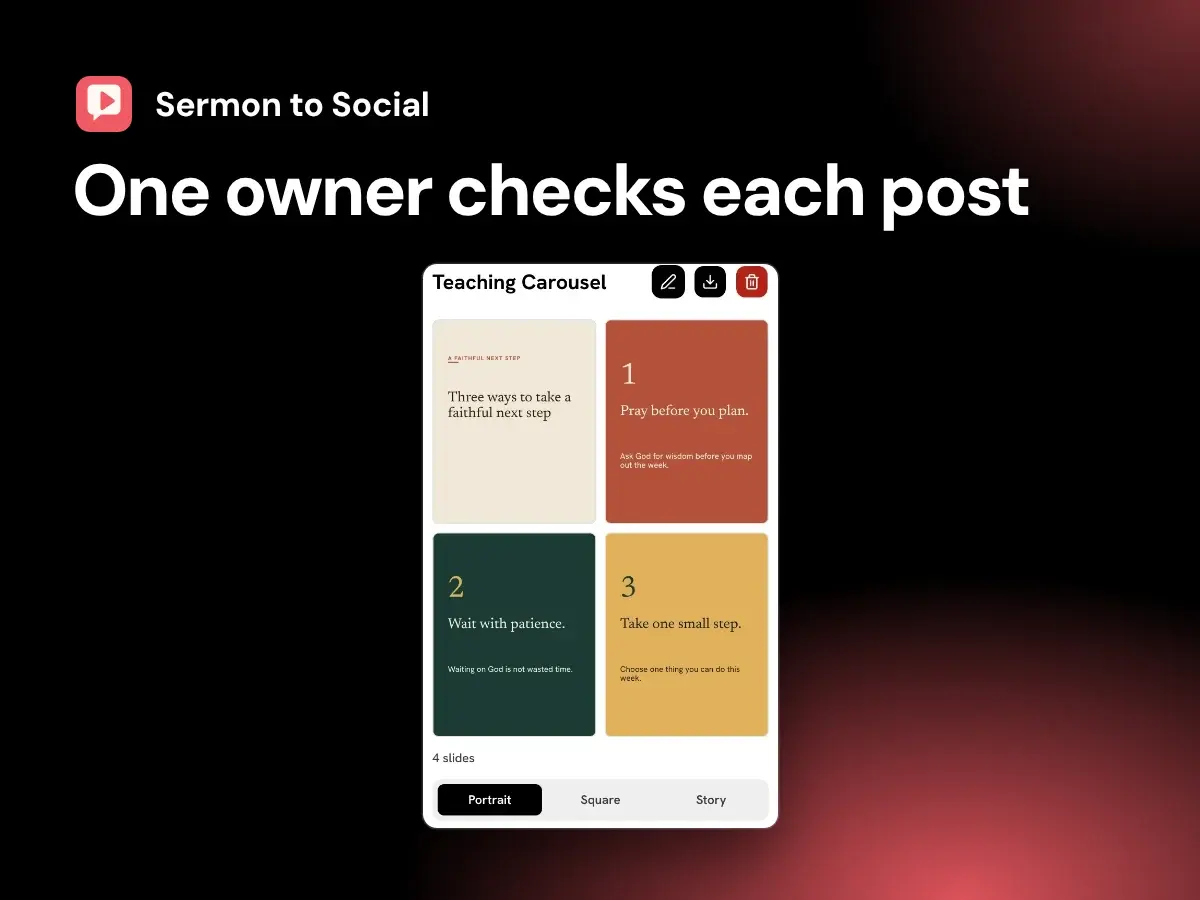 Sermon to Social screenshot of a draft teaching carousel from a sample sermon, labeled One owner checks each post