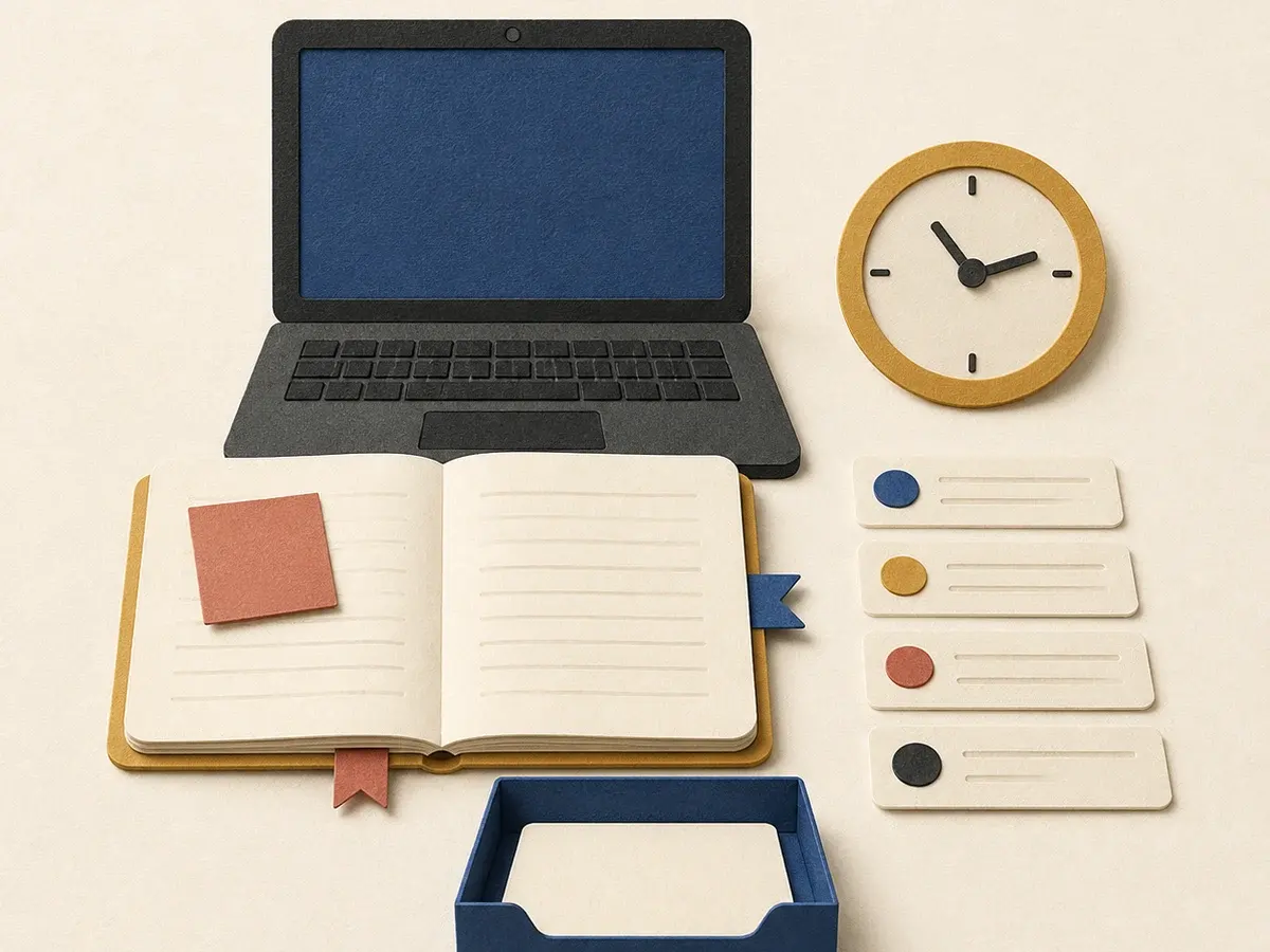 Compact paper-collage workstation with a laptop, notebook, short card queue, clock, and review tray