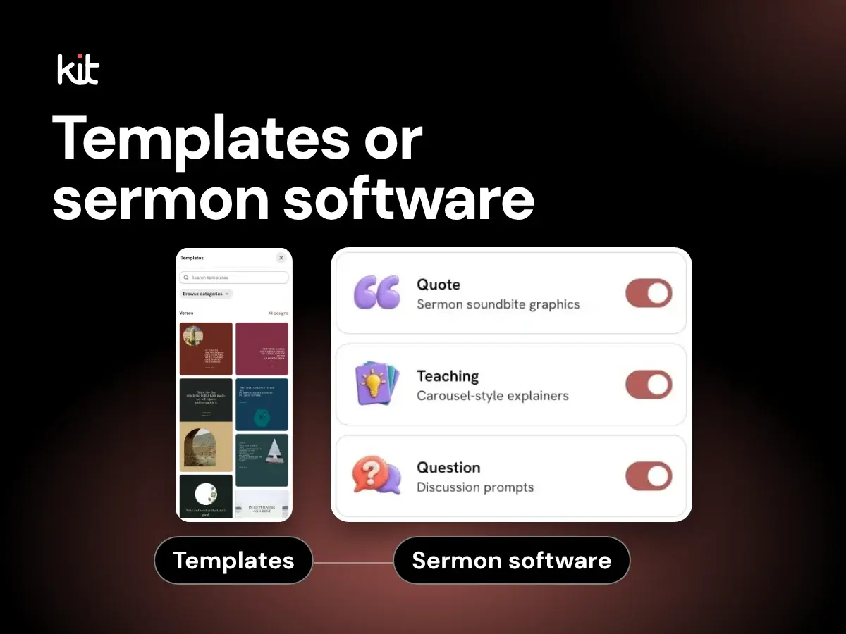 Templates or sermon software: a Studio template panel beside Sermon to Social switches for choosing post types from a sermon