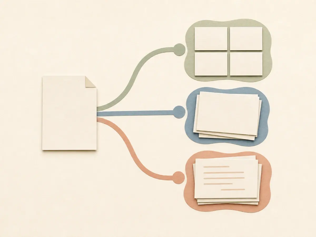 Paper-cut illustration of a blank folded-corner source sheet connected by three paths to a four-tile grid, blank draft cards, and lined content cards