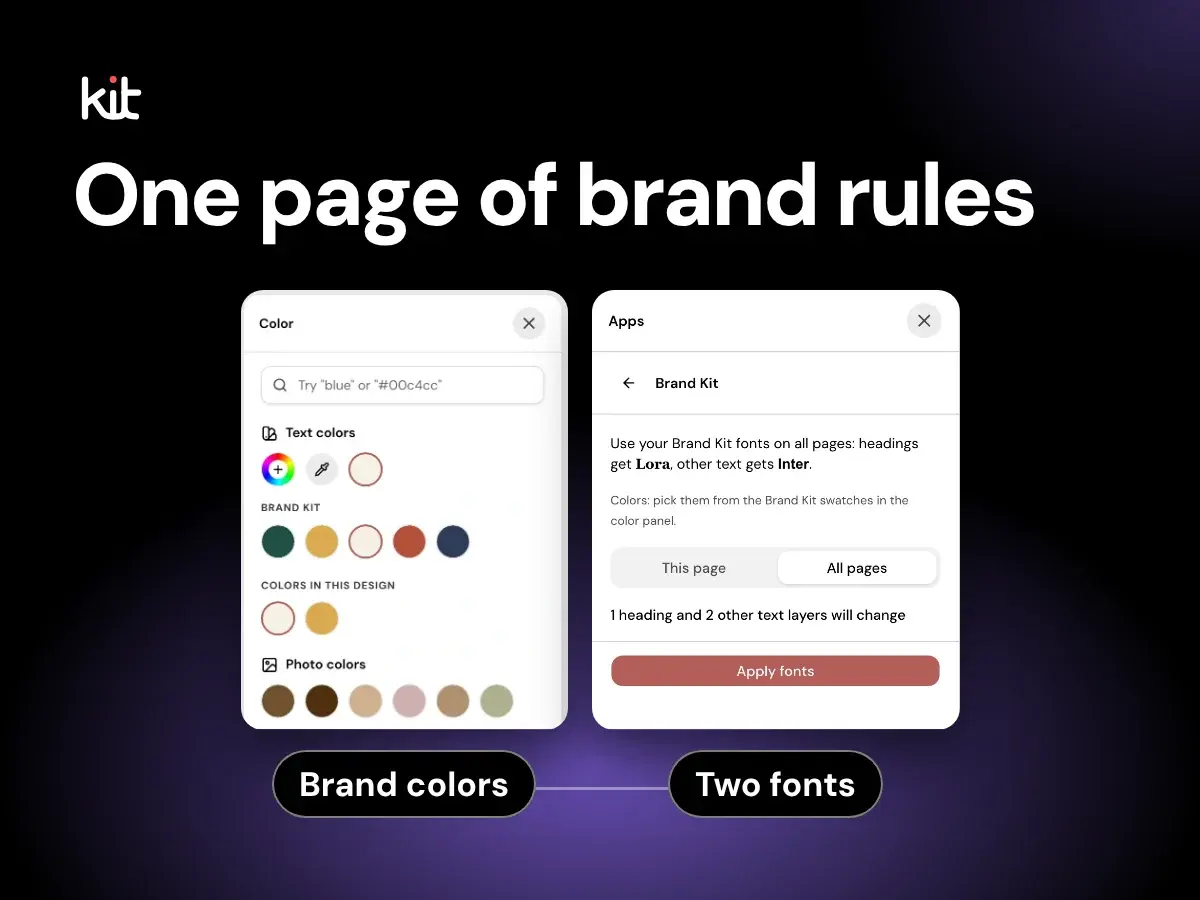 One page of brand rules: Studio brand color and brand font panels marked Brand colors and Two fonts