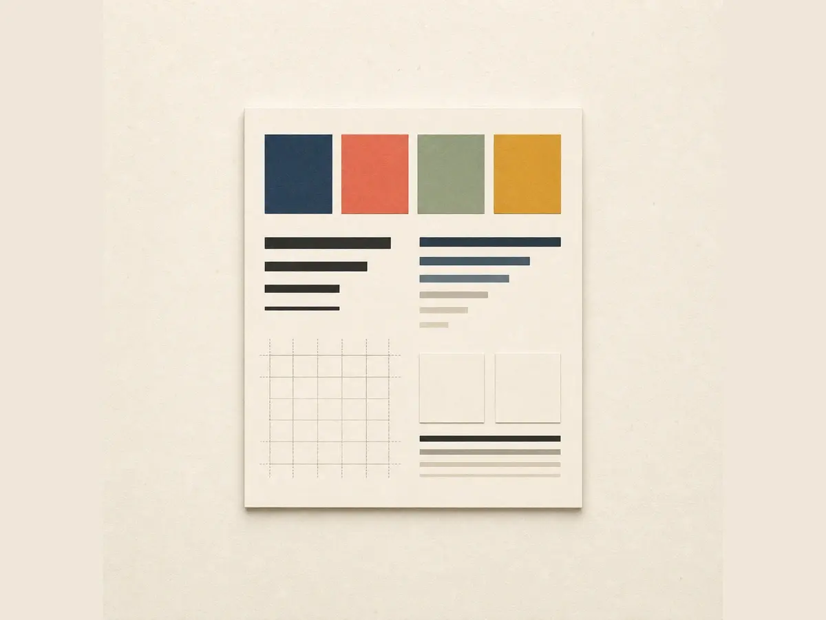 Illustration of a paper brand guide with four color swatches, abstract type-sample bars, a line grid, and two blank asset tiles