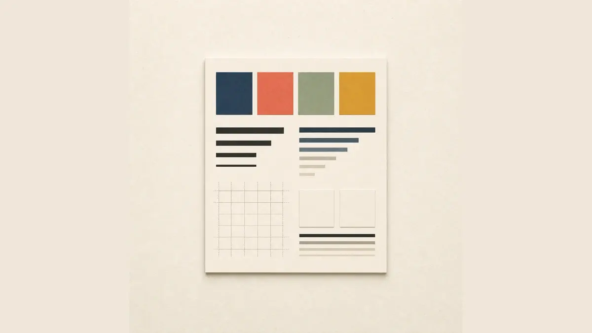 Illustration of a paper brand guide with four color swatches, abstract type-sample bars, a line grid, and two blank asset tiles