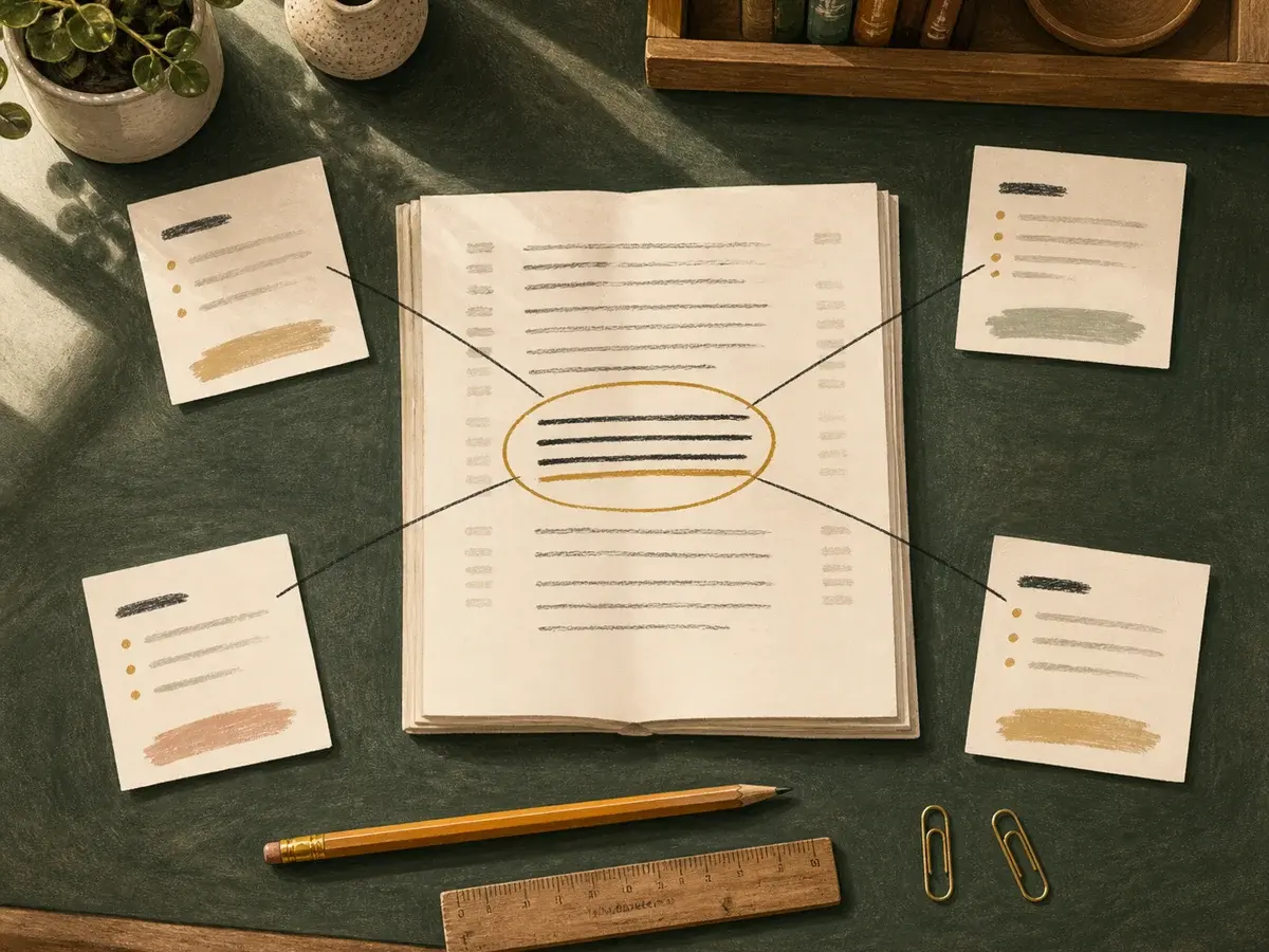 Illustration of one marked sermon argument connected to four social post drafts