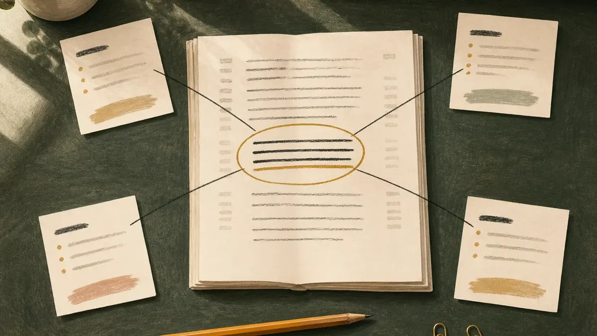 Illustration of one marked sermon argument connected to four social post drafts