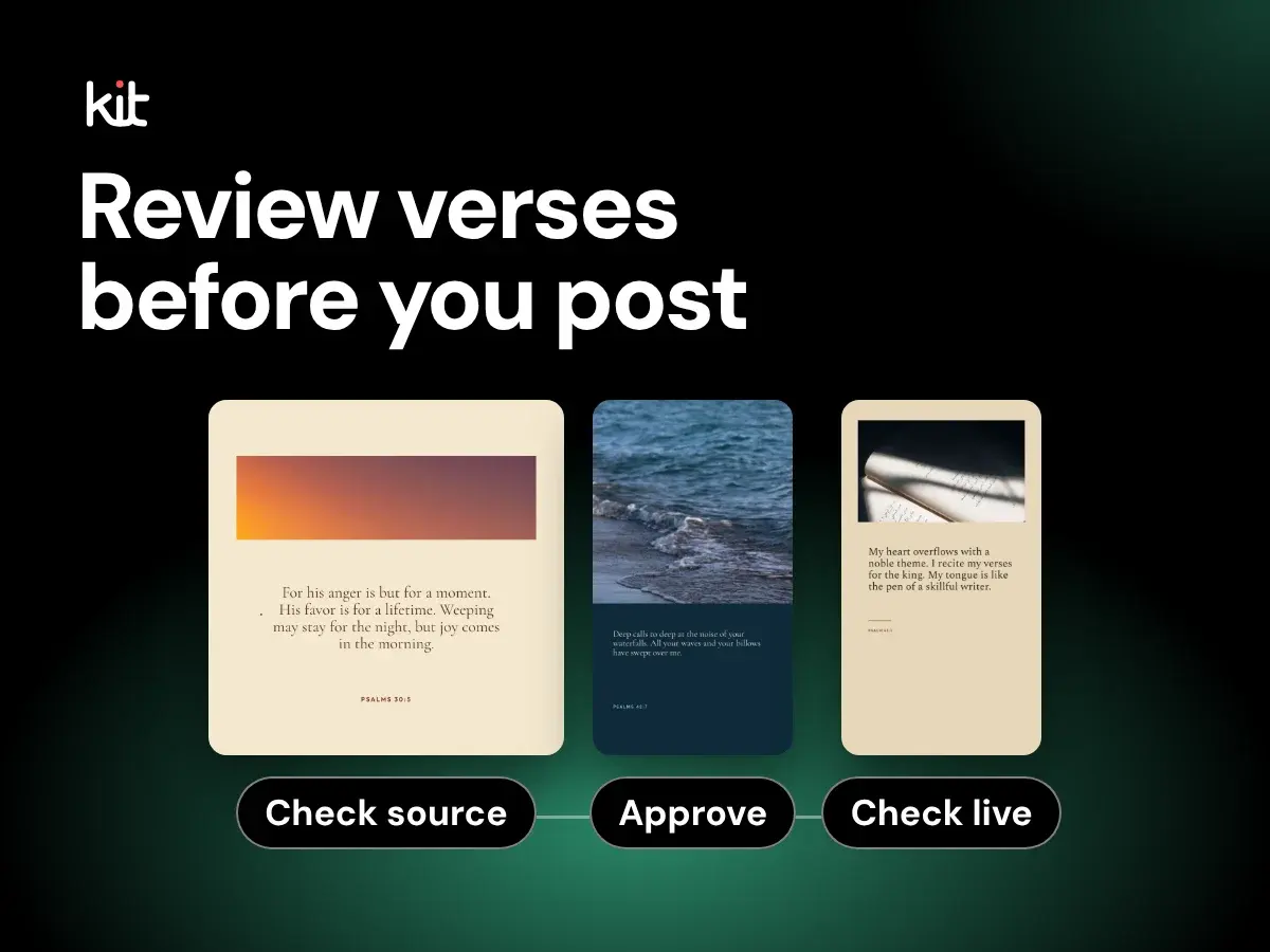 Review verses before you post: three sample verse designs marked Check source, Approve and Check live