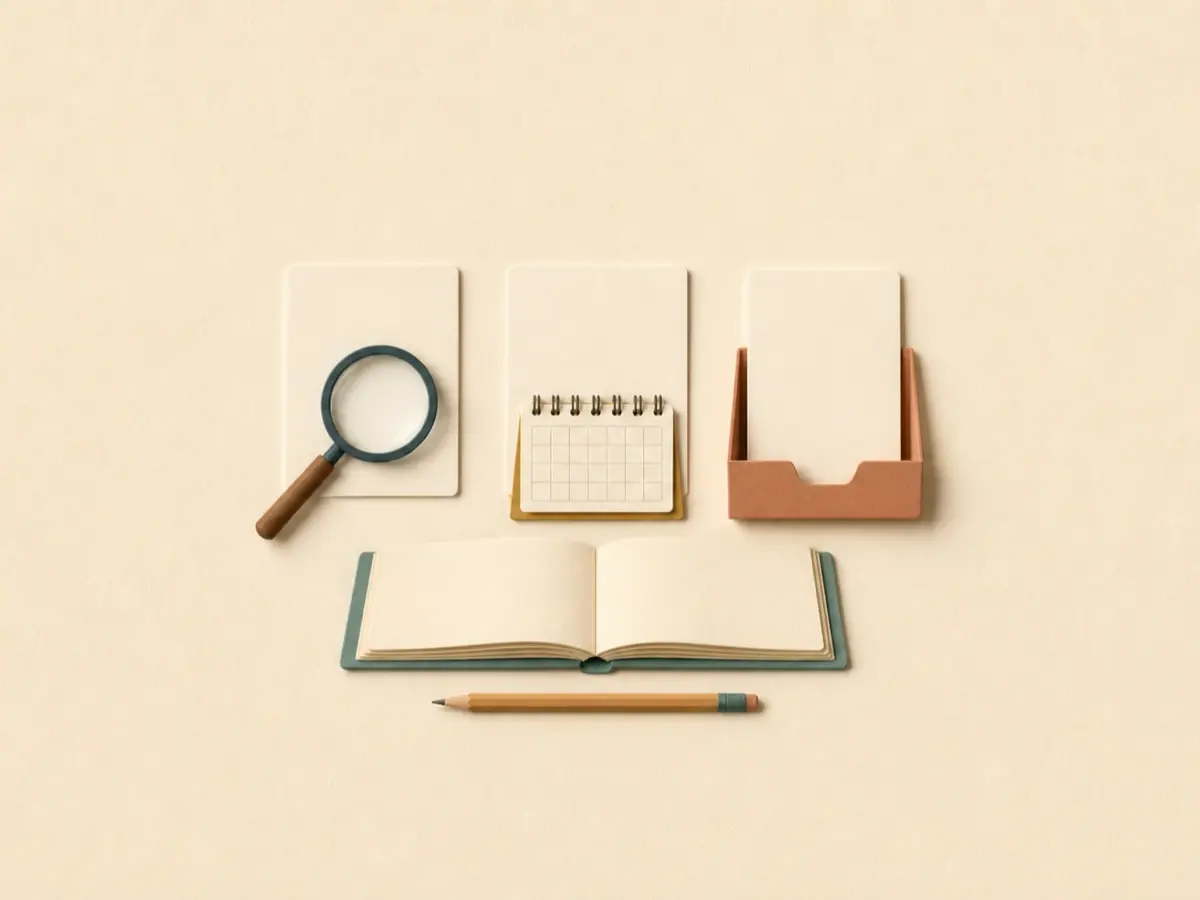 Paper-cut illustration of three blank cards arranged left to right with a magnifying glass over the first, a blank ring-bound calendar over the second, and the third in a tray, above an open blank book and pencil