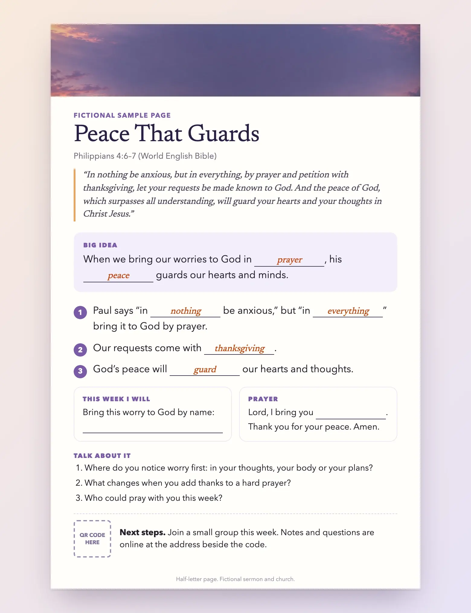A half-letter fill-in sermon notes page titled Peace That Guards, a fictional sample, with a decorative sunset-sky band at the top. It shows Philippians 4:6–7, a big idea and three points with six equal-length blanks filled in (prayer, peace, nothing, everything, thanksgiving, guard), a line for one worry, a prayer line, three discussion questions and a dashed box for a QR code.