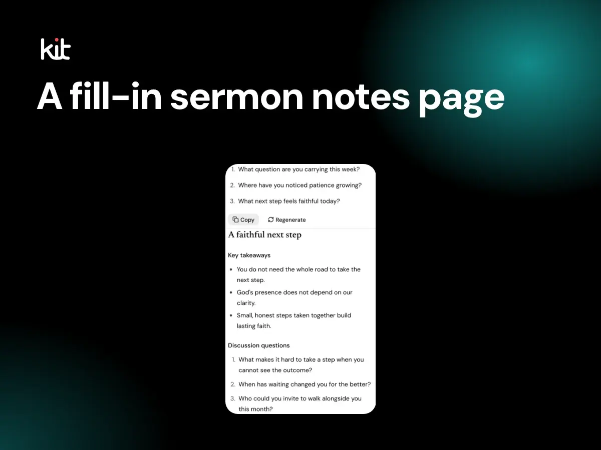 A fill-in sermon notes page: a sample page with key takeaways and discussion questions